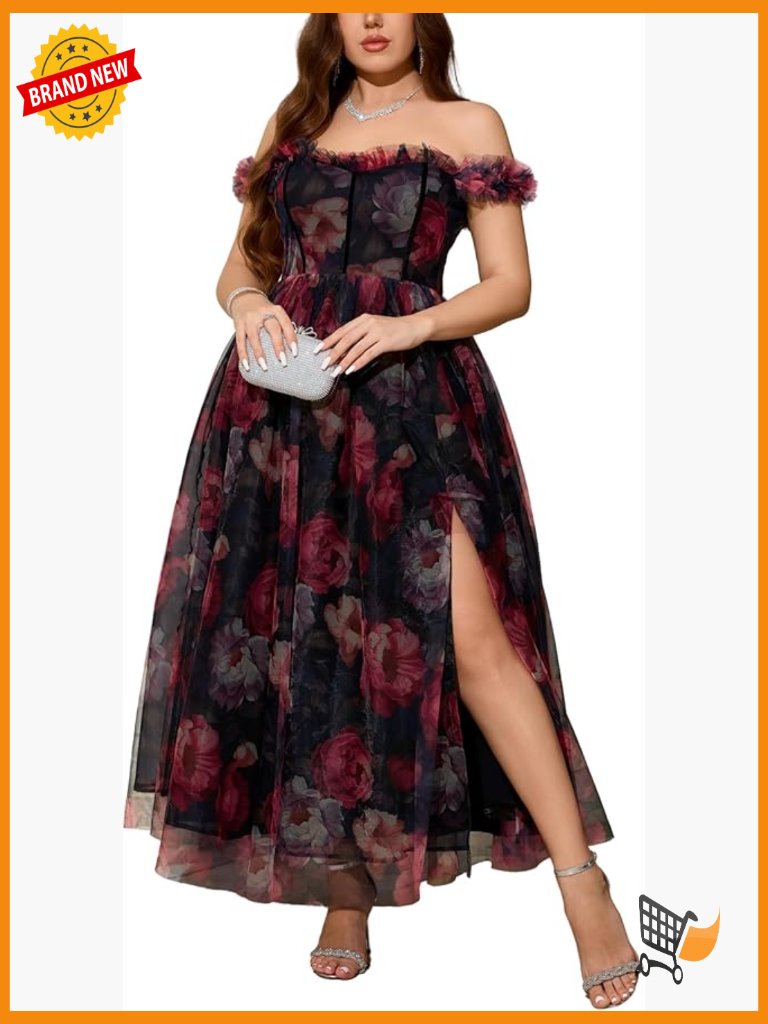 Plus Size Off Shoulder Floral Tulle Maxi Dress With Slit